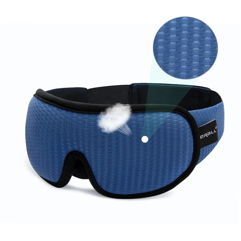 Blue sleeping eye mask with black straps.