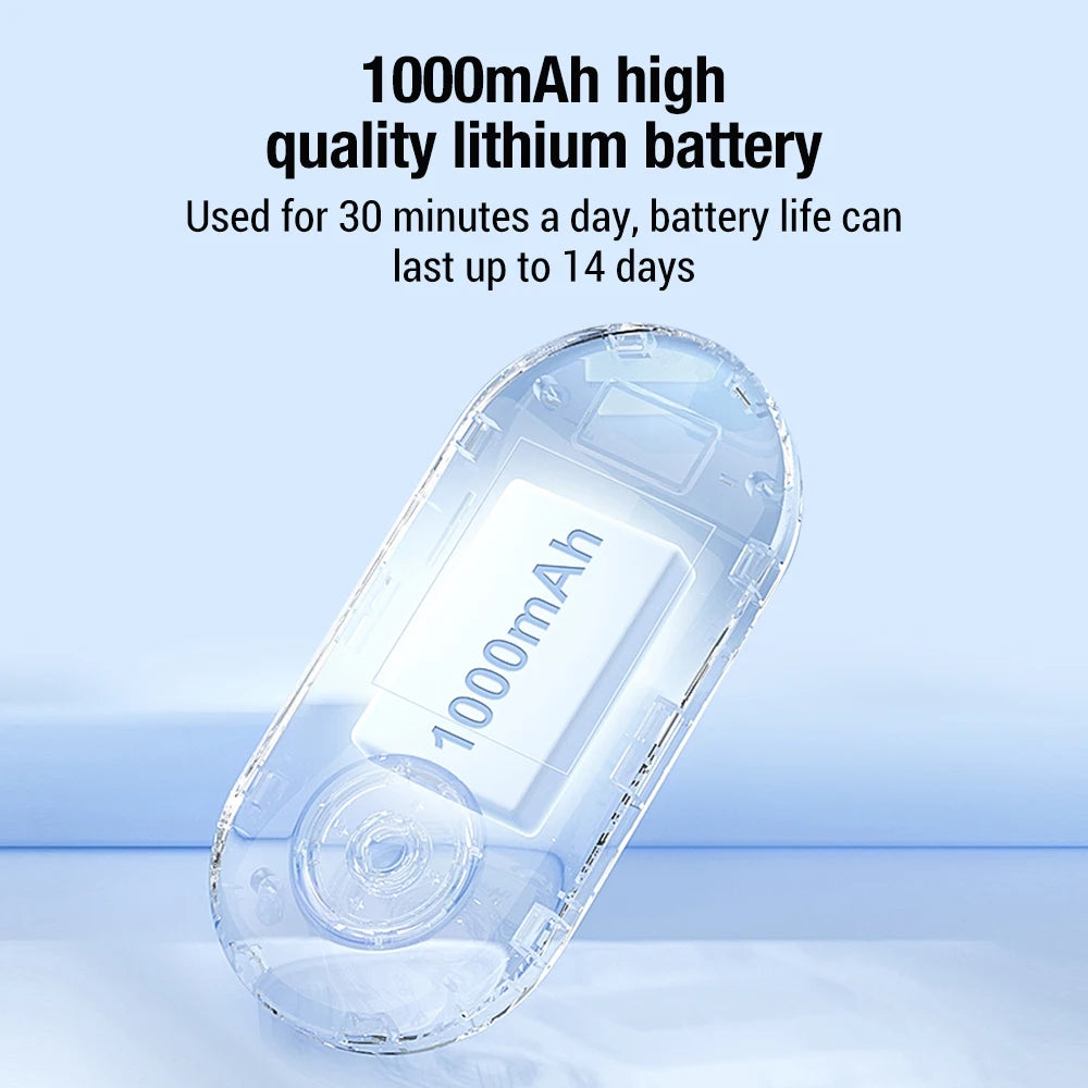 1000mAh lithium battery. Battery can last up to 14 days, used for 30minutes a day,