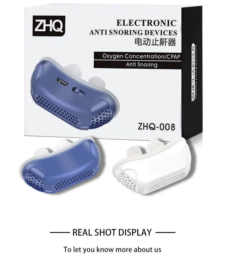 Electronic anti-snoring devices with packaging and ZHQ branding.