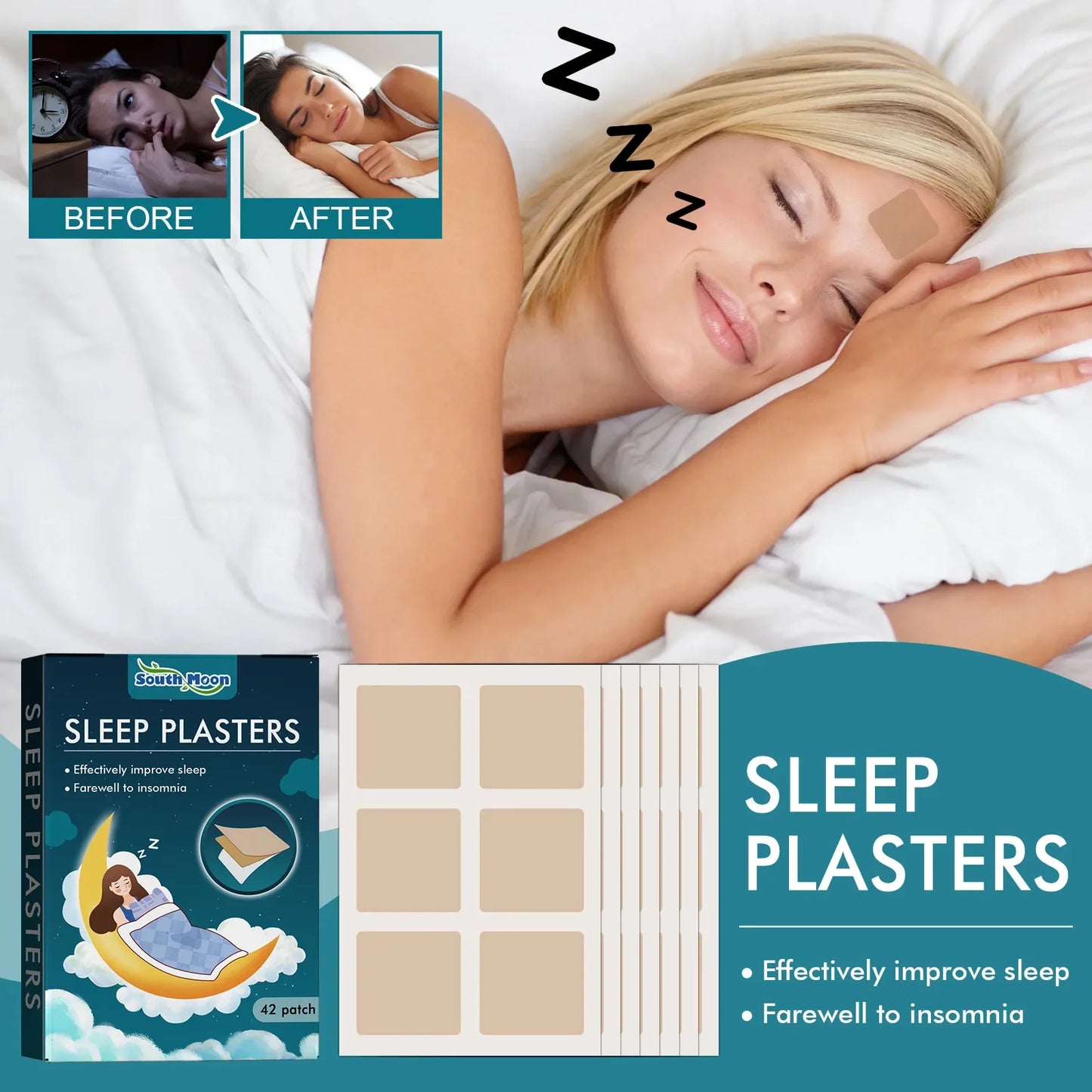 Woman using the square shaped sleep patch and falling asleep after that.