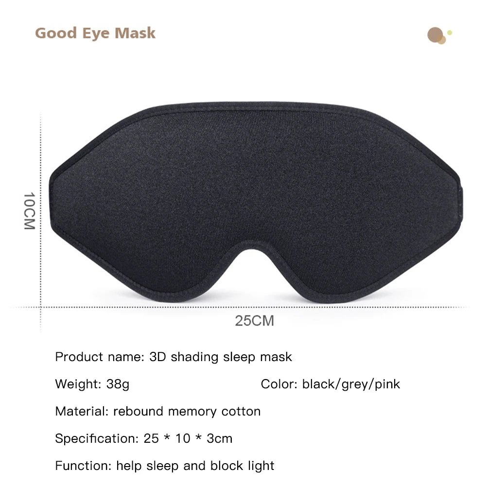 Black eye mask with measurements and product details on a white background