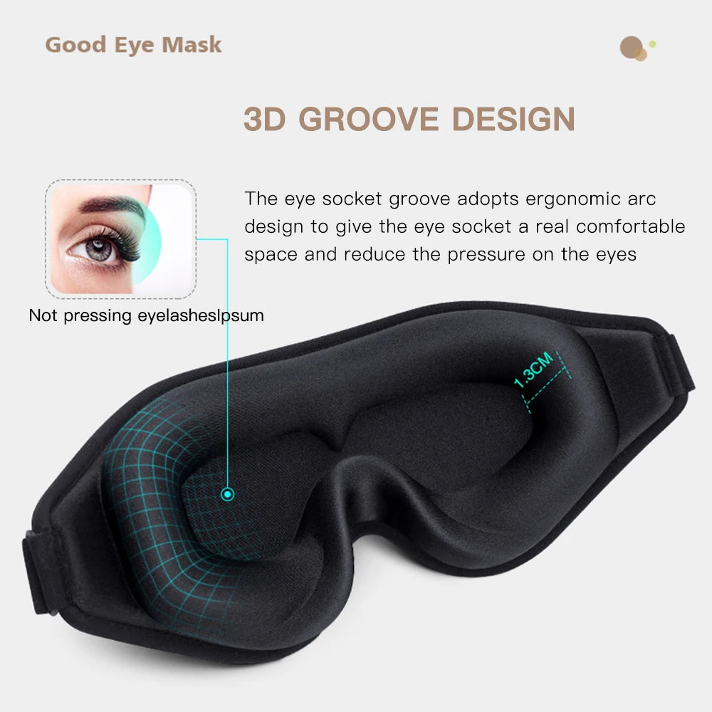 Black eye mask with 3D groove design giving space to the eyes socket for a comfortable wearing experience.