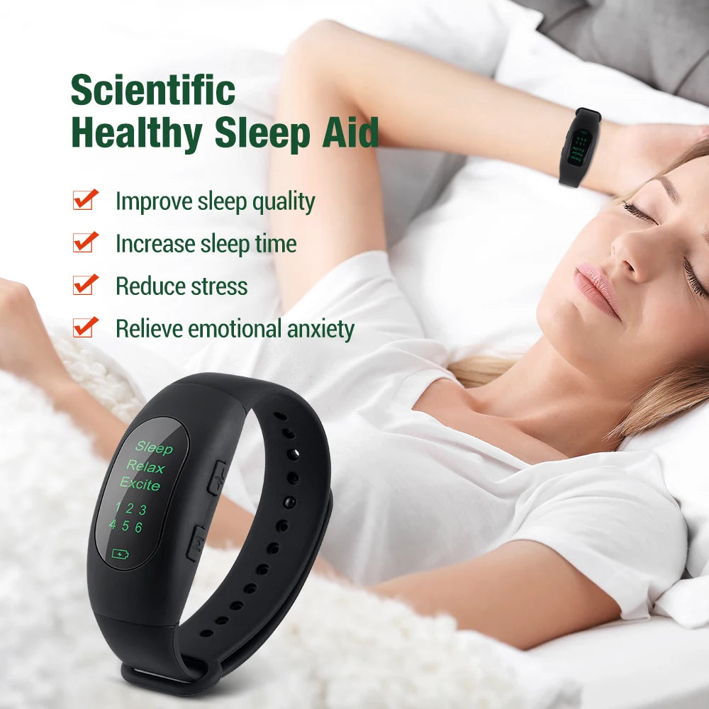 Woman lying in bed using the CES Micro-current sleep wristband and benefiting from improved sleep, increased sleep time, lesser stress and lesser anxiety.