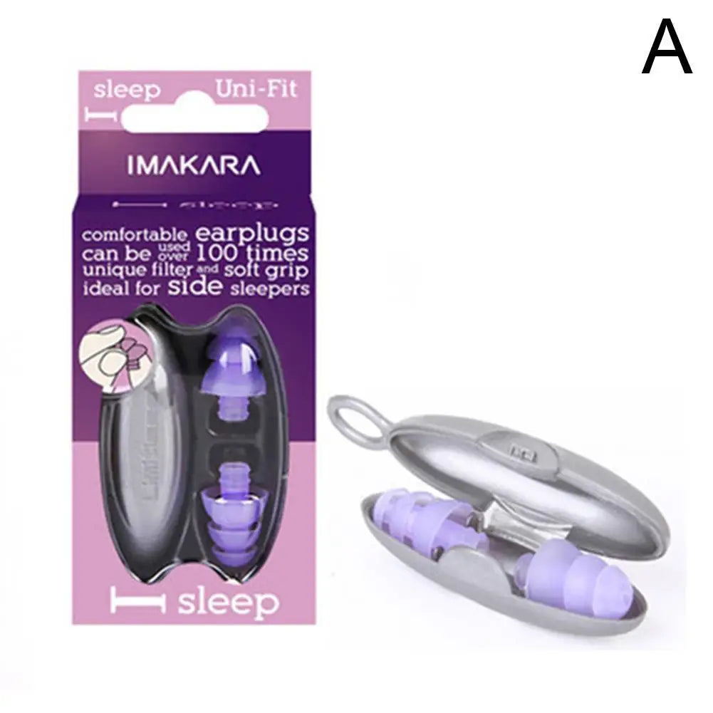 Purple IMAKARA noise cancelling earplugs with carrying case.