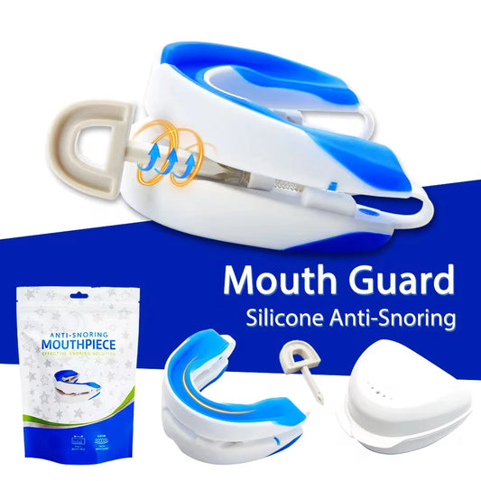 Silicone anti-snoring mouth guard set with packaging on a white background