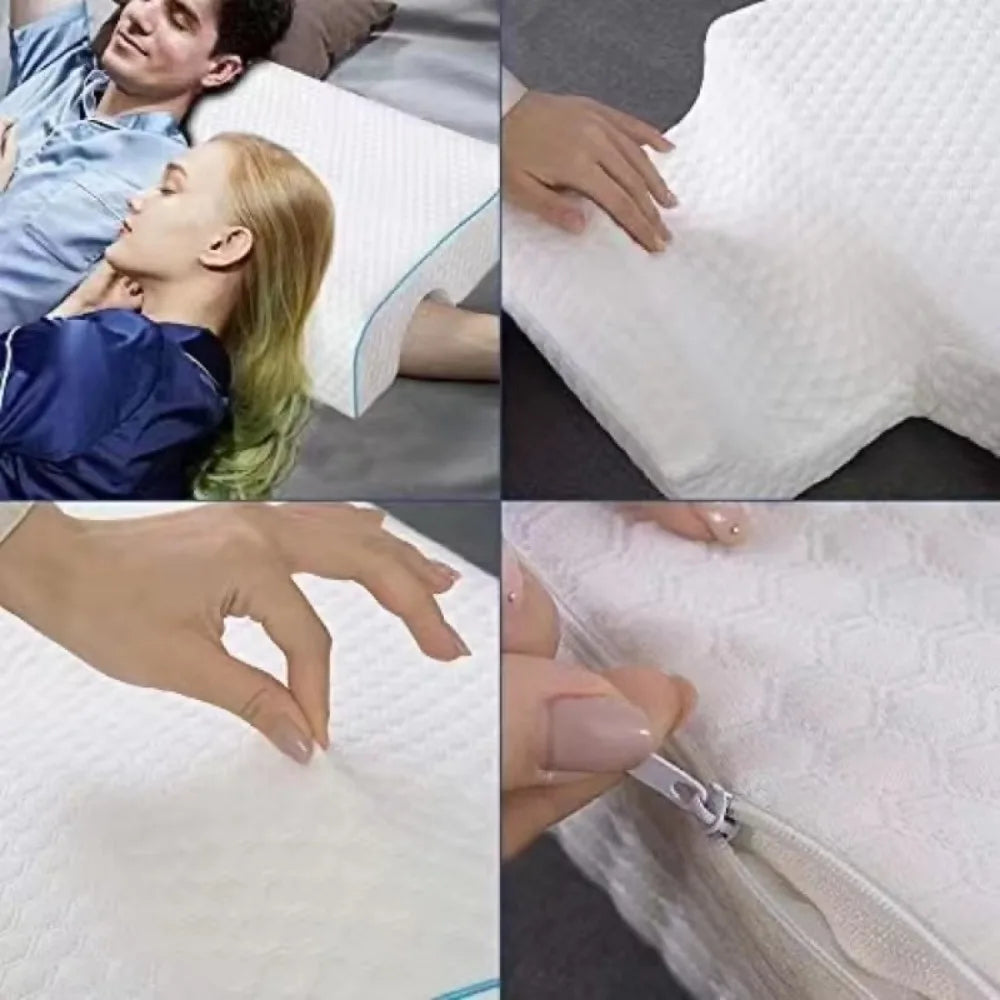 Collage of a person using a white pillow with close-up shots of its texture and design.