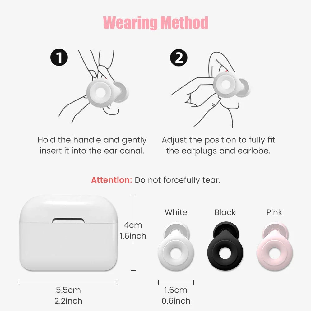 Wearing Methods of the noise reduction earplugs and 3 colours available. Blocks snores.