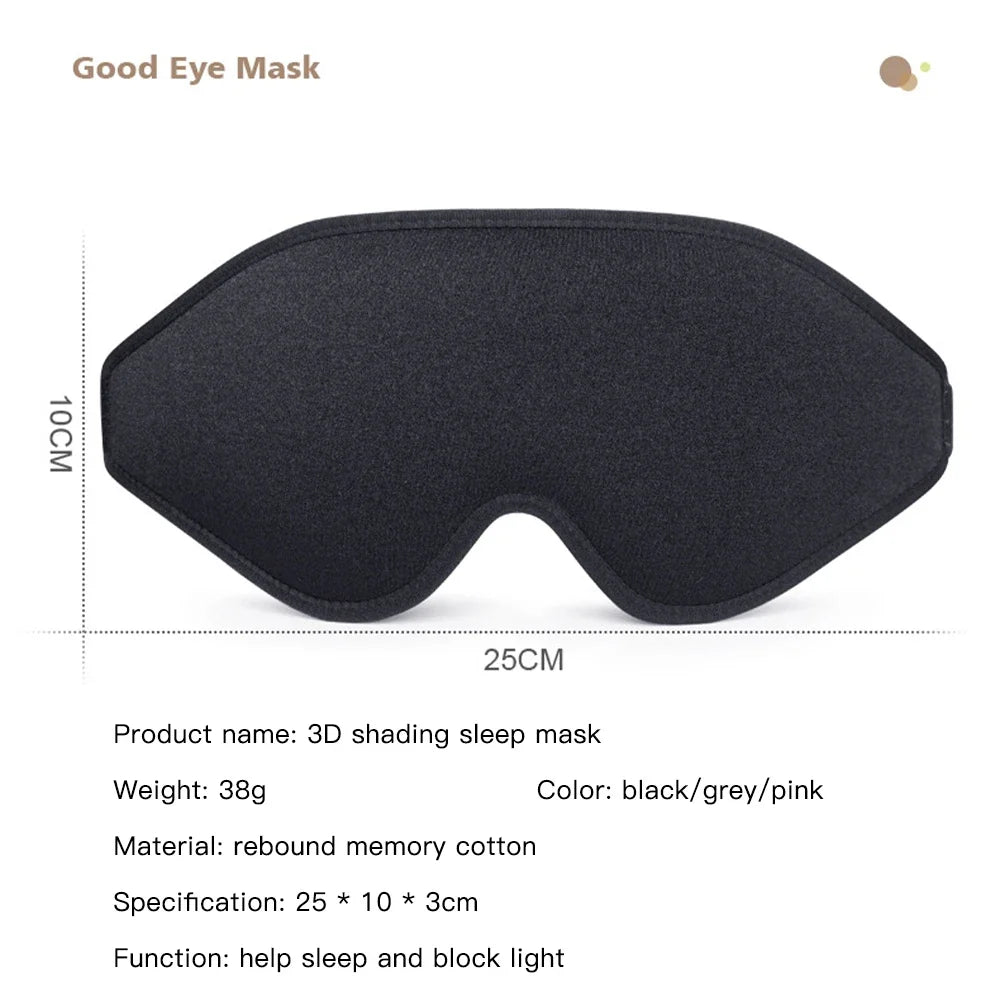 Black sleep mask with dimensions and product details.