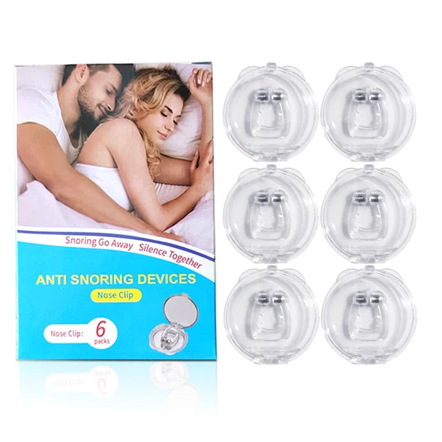 Anti-snoring devices with packaging featuring a couple in bed. Pack of 6s.