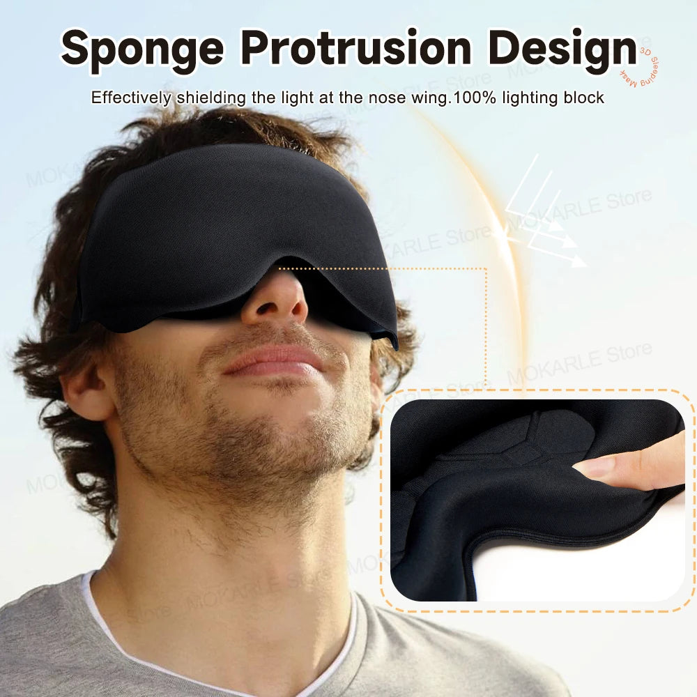 Man wearing a black sleeping eye mask with comfortable nose support.