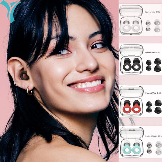 Woman wearing wireless noise reduction earbuds with 4 different colours. Blocks snores.