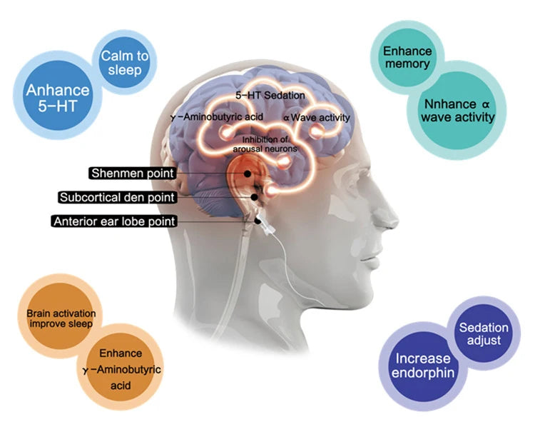 Diagram of a brain with labeled points and effects on mental health, including sleep and memory enhancement.