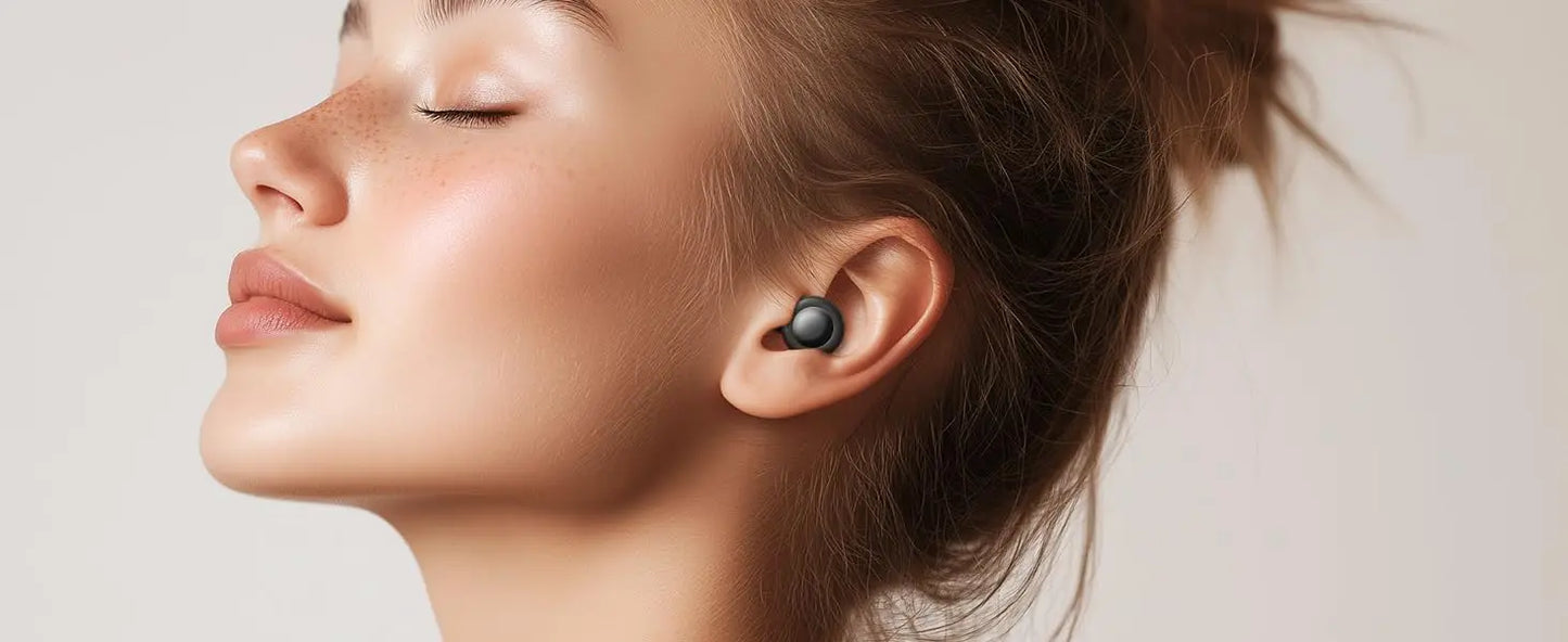 Close-up of a woman wearing wireless earbuds.