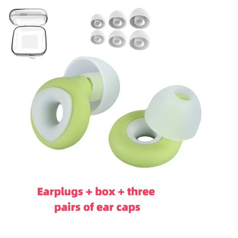Green and white noise cancelling earbuds with carrying case and 3 different sizes of ear buds.