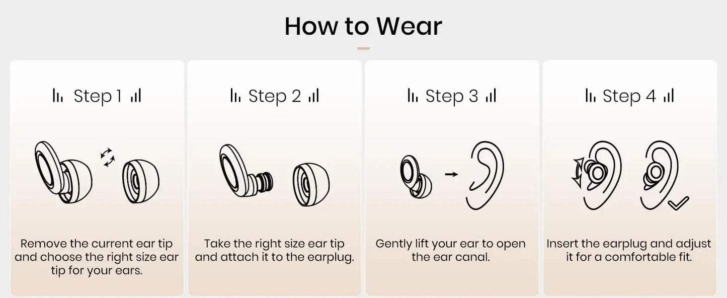 Step-by-step guide on how to wear earplugs with illustrations and text.