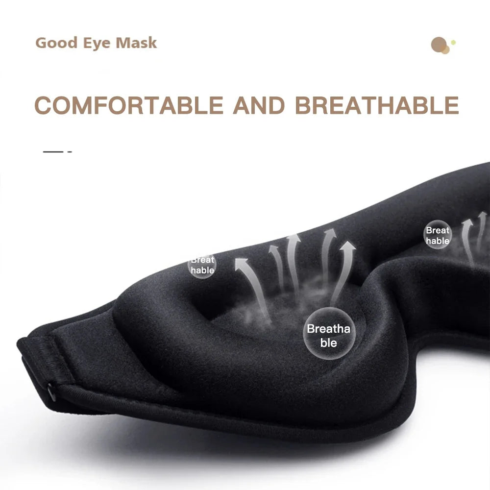 Black eye mask with text indicating comfort and breathability on a white background