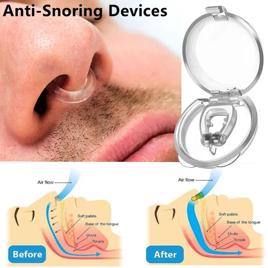 Magnetic anti-snoring sleep apnea device with a close-up of a person wearing it, how it smoothen out nasal airflow for enhanced sleep.