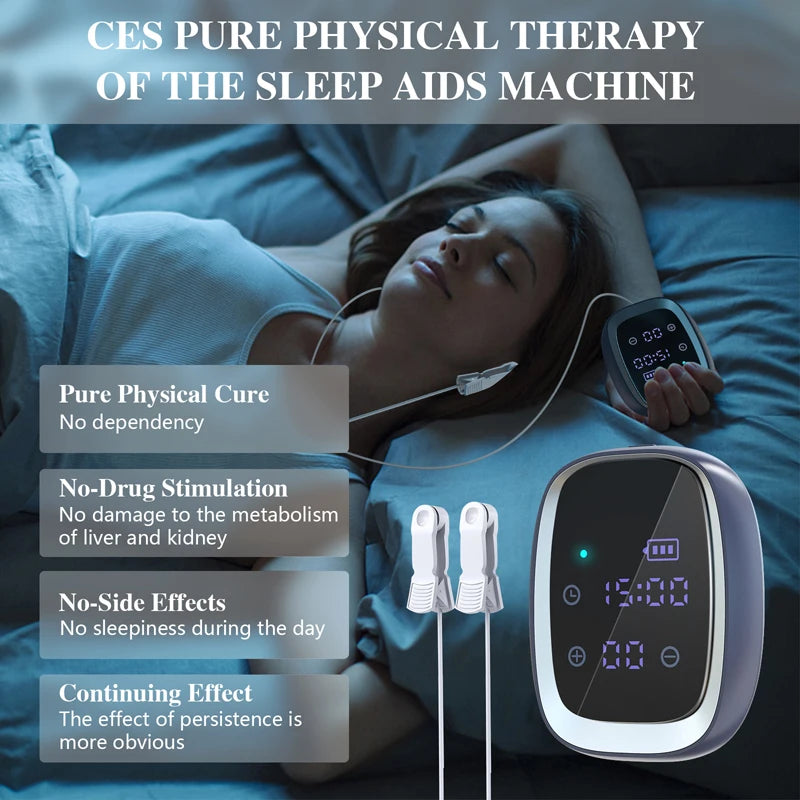 Sleeping device uses Cranial Electrotherapy Stimulation (CES) therapy to reduce tension, reduce stress, reduce anxiety, improve mood, emotions, insomnia. Without drugs or side effects.