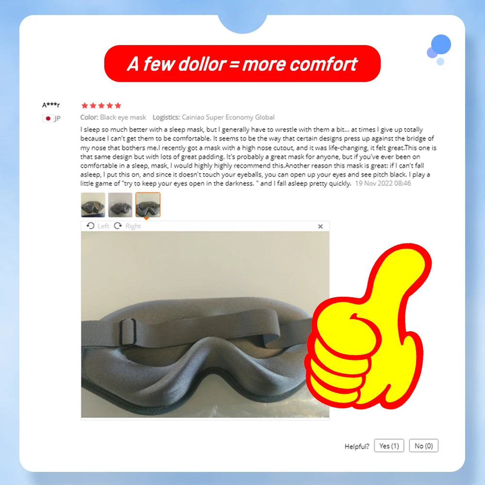 Sleep mask with user review and thumbs up icon on a blue background