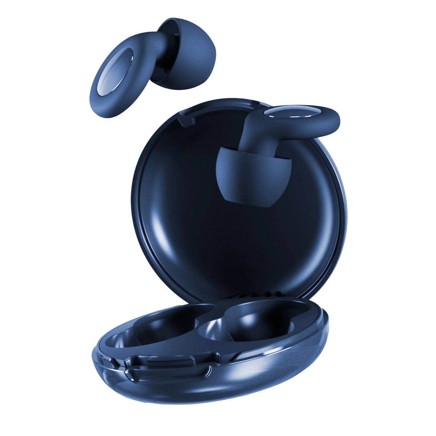 Blue wireless noise reduction earbuds with charging case.