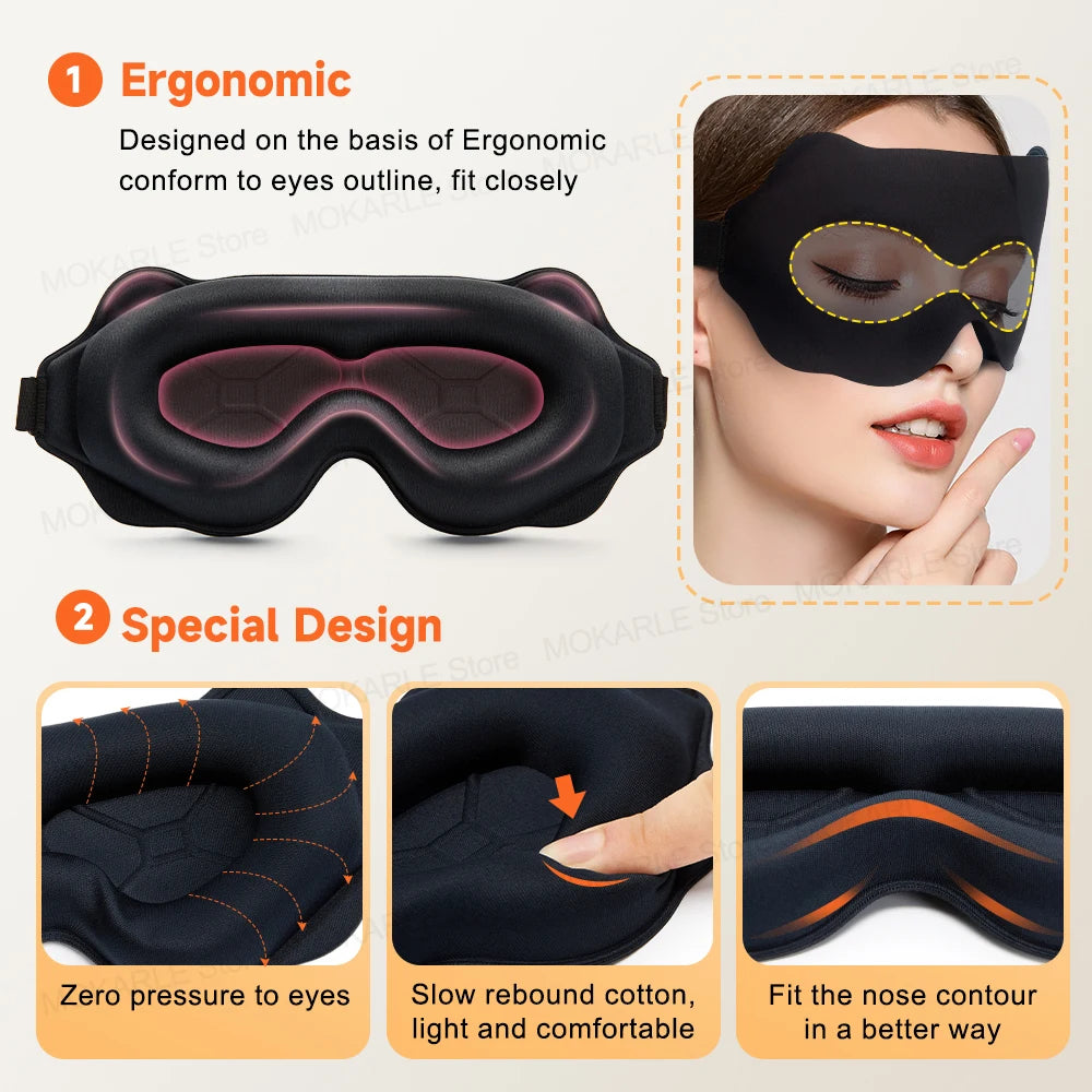 Ergonomic sleeping eye mask zero pressures to the eyes and fits the nose contour.