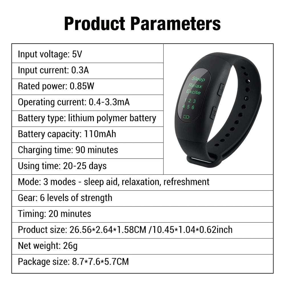 Product specifications of the Micro-current wristband with digital display.
