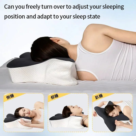 Person using a neck and shoulder pillow with adjustable sleeping positions.