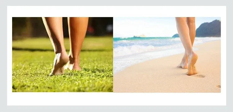 Two images showing grounding means to step on grass barefooted and be connected to mother earth.