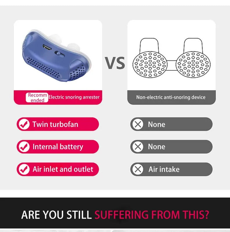 Comparison chart between an electric snoring arrester and a non-electric anti-snoring device with features for electric snoring device faring better.