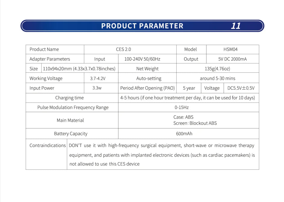 Product specifications table for CES 2.0 device.