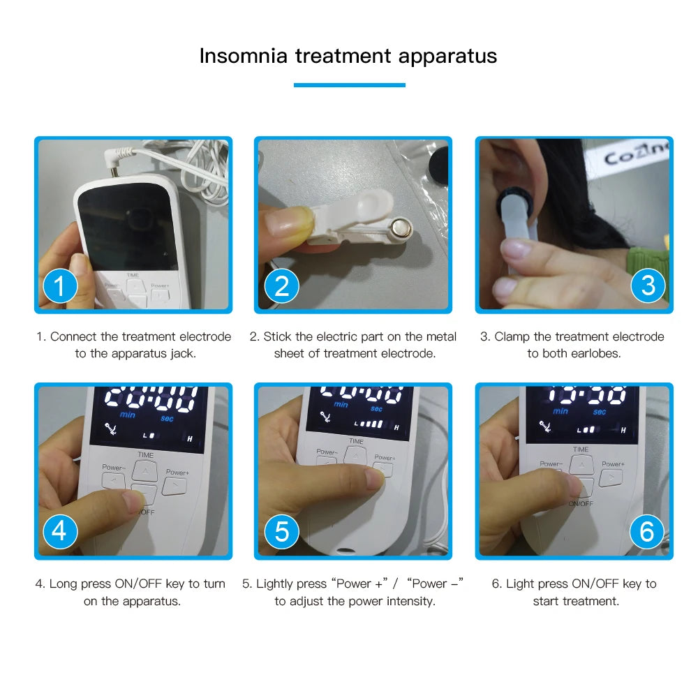 Step-by-step guide on using the CoZinc insomnia treatment apparatus. 6 steps.