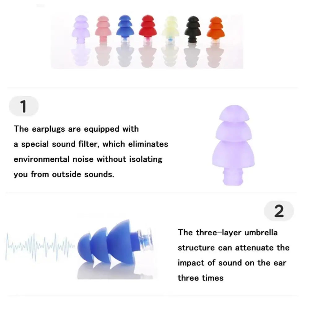 Colorful earplugs with text explaining the special 3-layer sound filter which eliminates outside noise without isolation.