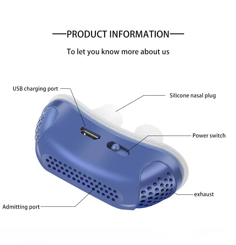 Anti snoring device with USB charging port, nasal plug, switch, exhaust and admitting port.
