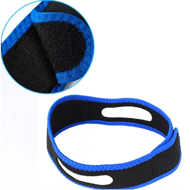 Black and blue anti snoring chin strap with close-up of textured surface.