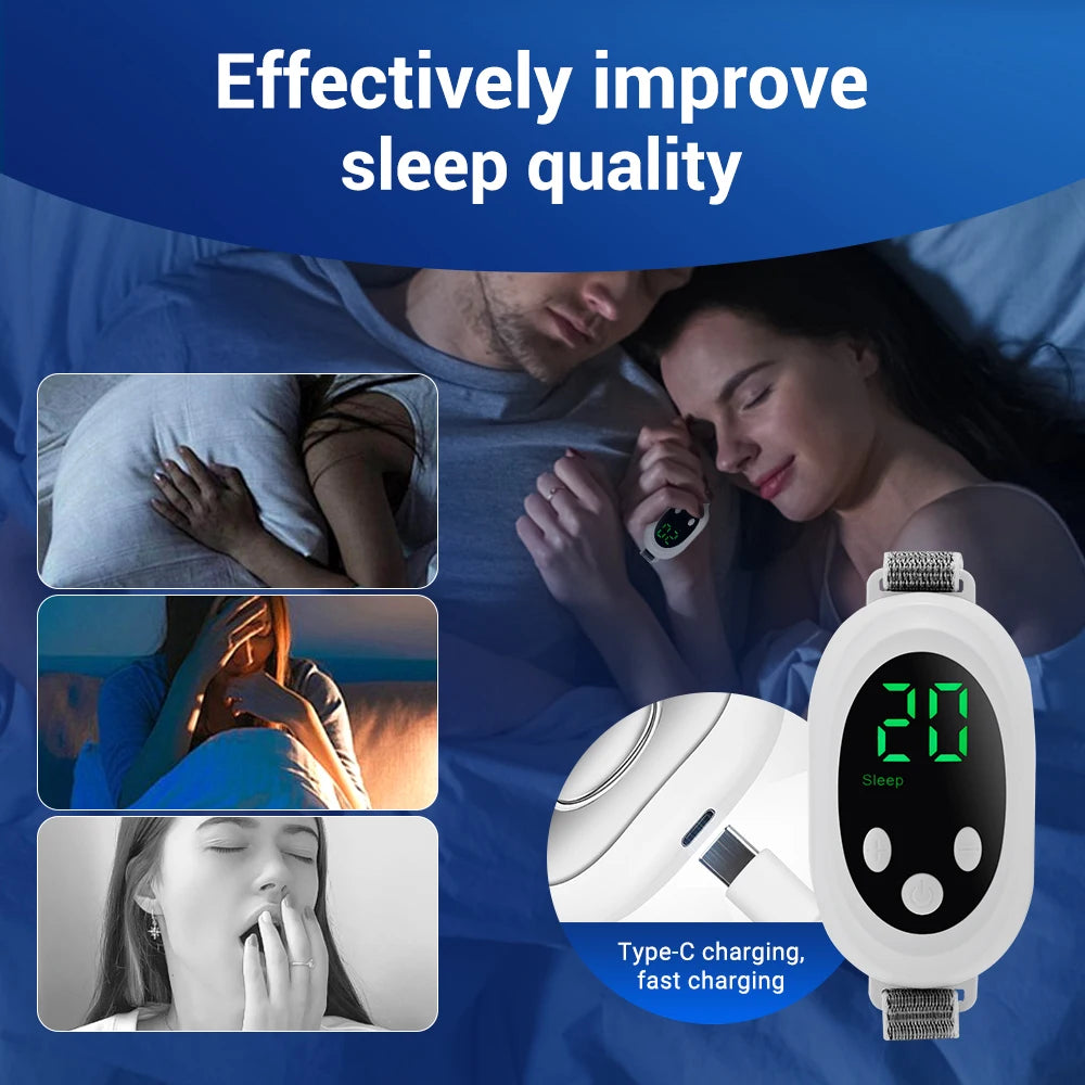 Sleeping device uses Cranial Electrotherapy Stimulation (CES) therapy to effectively improve sleep quality by reducing tension, reduce stress, reduce anxiety, improve mood, emotions, insomnia. Comes with type=C fast charging.
