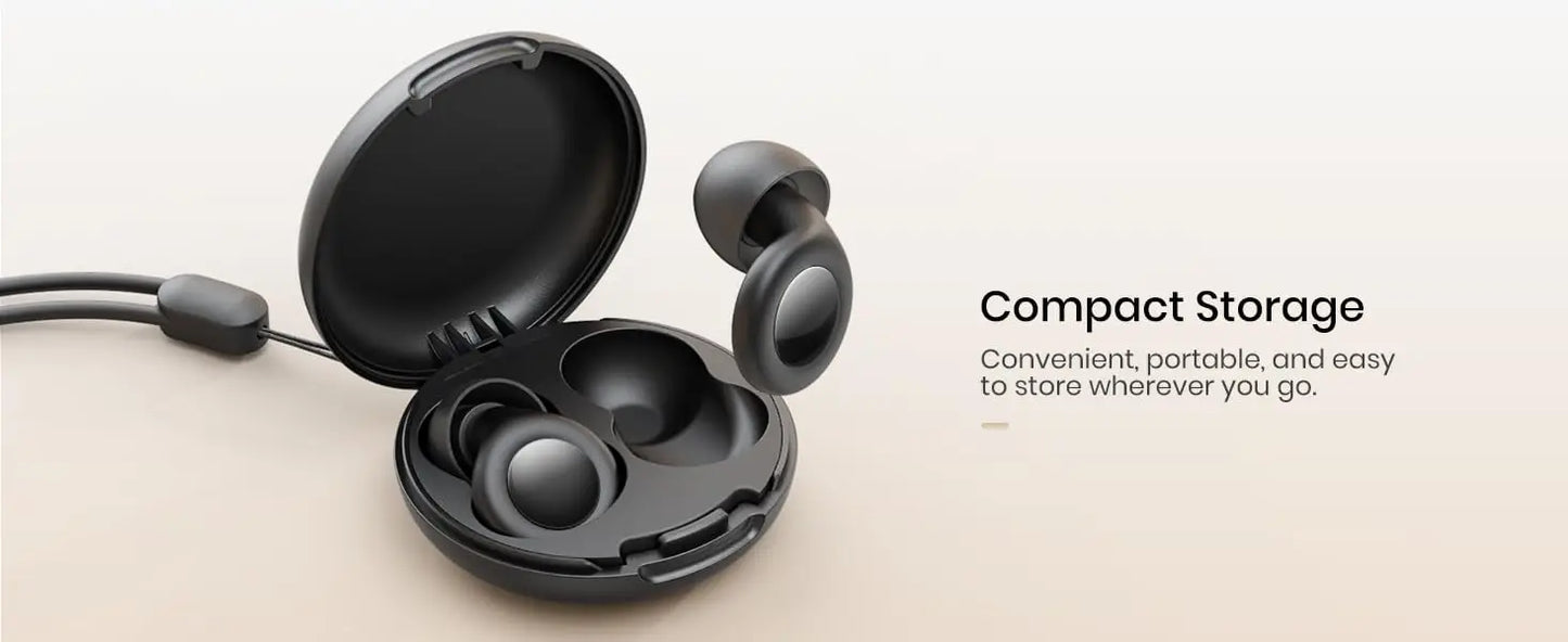 Black wireless noise reduction earbuds in a compact case for easy carrying.