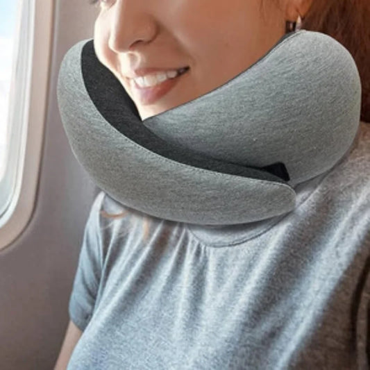 Travel pillow U-shaped used by lady while in the plane.