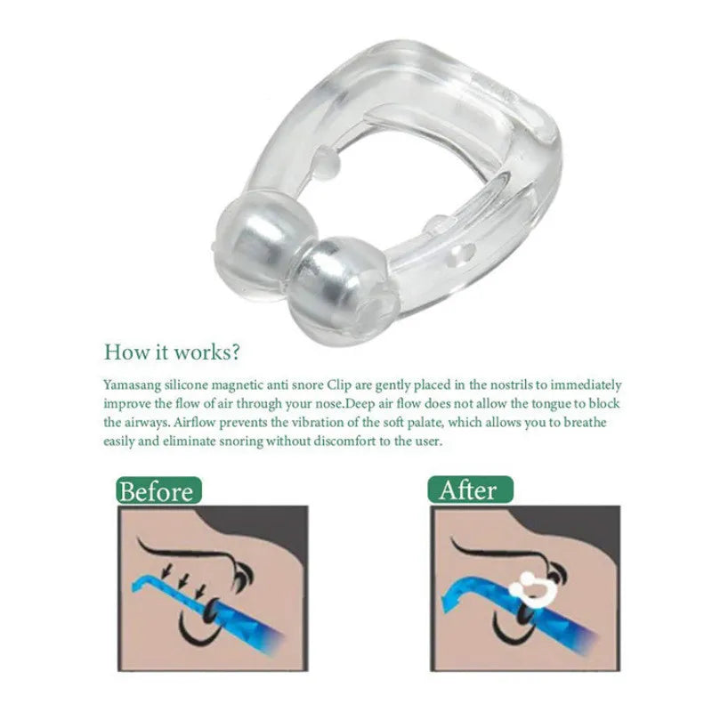 Magnetic silicone sleep apnea anti-snore clip with before and after illustrations enhancing nasal air flow.