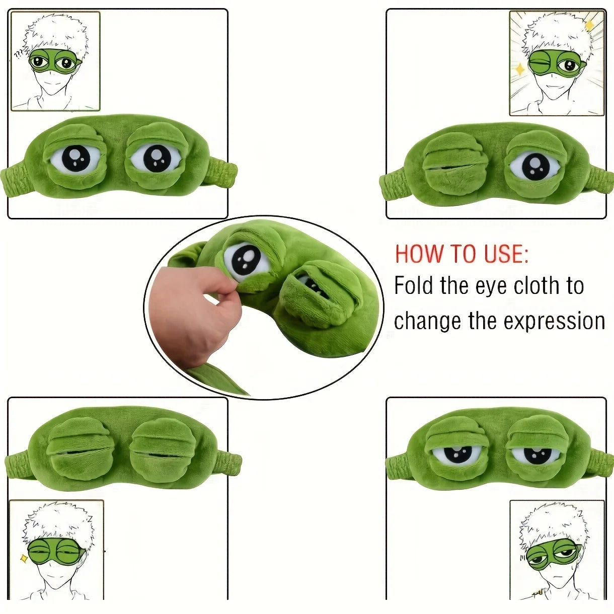 Green eye mask with expressible eyes and instructions on how to use it.