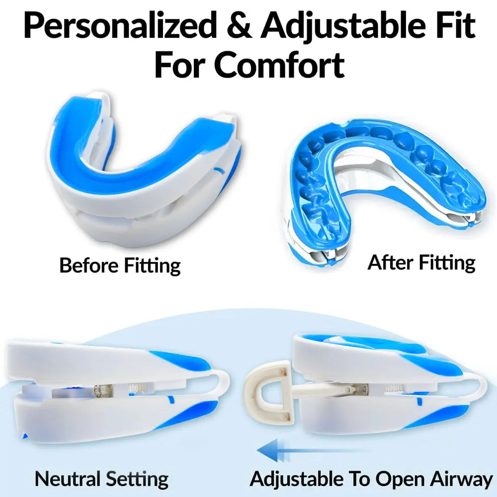 Before and after fitting of a blue and white mouthguard with text on comfort and adjustment.