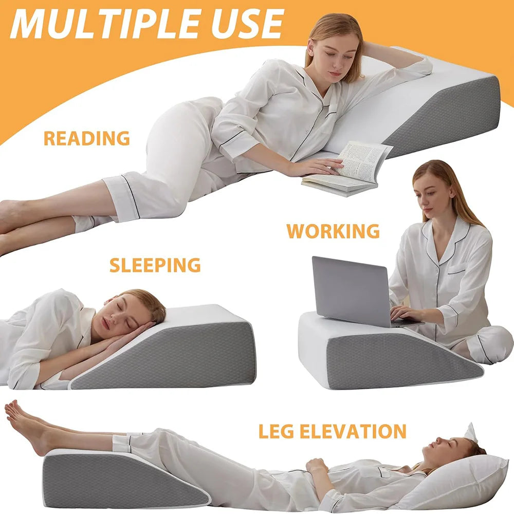 Cushion with multiple uses including reading, working, sleeping, and leg elevation on a white background.
