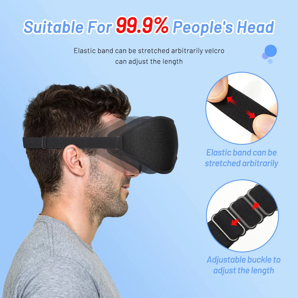 Man wearing a black sleep mask showing how the mask is suitable for 99.9% people's head due to the adjustable buckle.