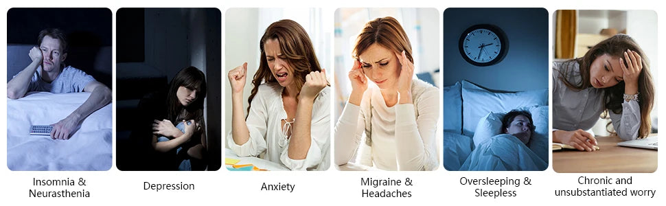 Series of images depicting various health issues including insomnia, depression, anxiety, migraines, oversleeping, and chronic worry. All these can be fixed by the KTS CES 2.0 Micro-current sleep device.