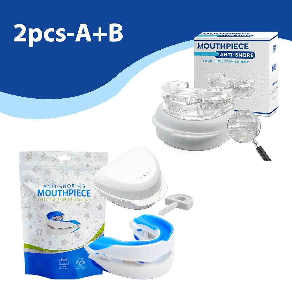 Anti-snoring mouthpiece set with packaging on a blue and white background