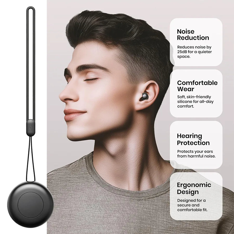 Person wearing wireless noise reduction earbuds with product features listed on the right and a carrying case with lanyard.