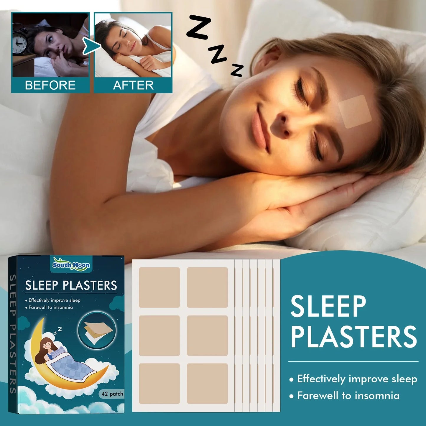 Woman using the square shaped sleep patch and falling asleep after that.