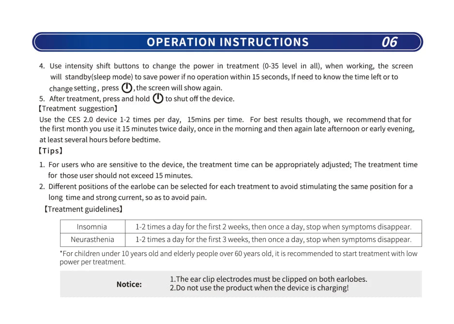 Treatment instructions for the KTS CES2.0 Micro-current sleep device.