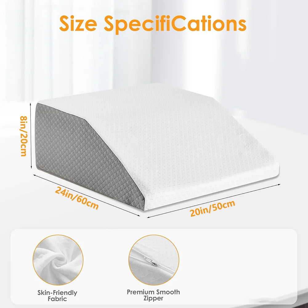 Measurement chart of a wedge inclined acid reflux pillow with dimensions and fabric details.