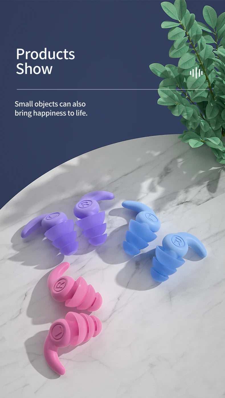 Purple, blue, and pink noise blocking earbud.