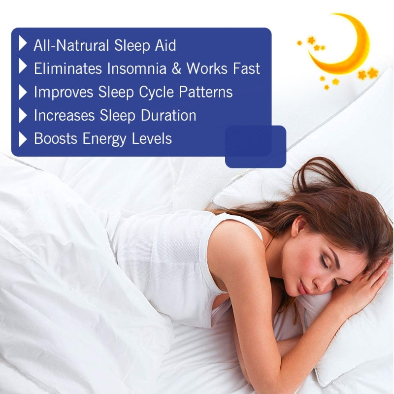 Woman sleeping peacefully with a list of all-natural sleep patch benefits displayed.